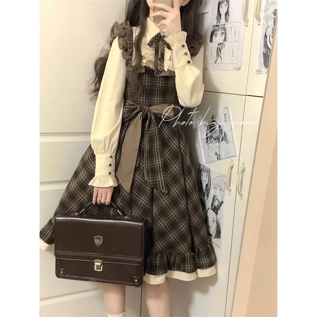 

Autumn and Winter New Sweet College Style Plaid Dress Retro French Elegant Polo Collar Long Sleeve Fake Two-piece Doll Dresses