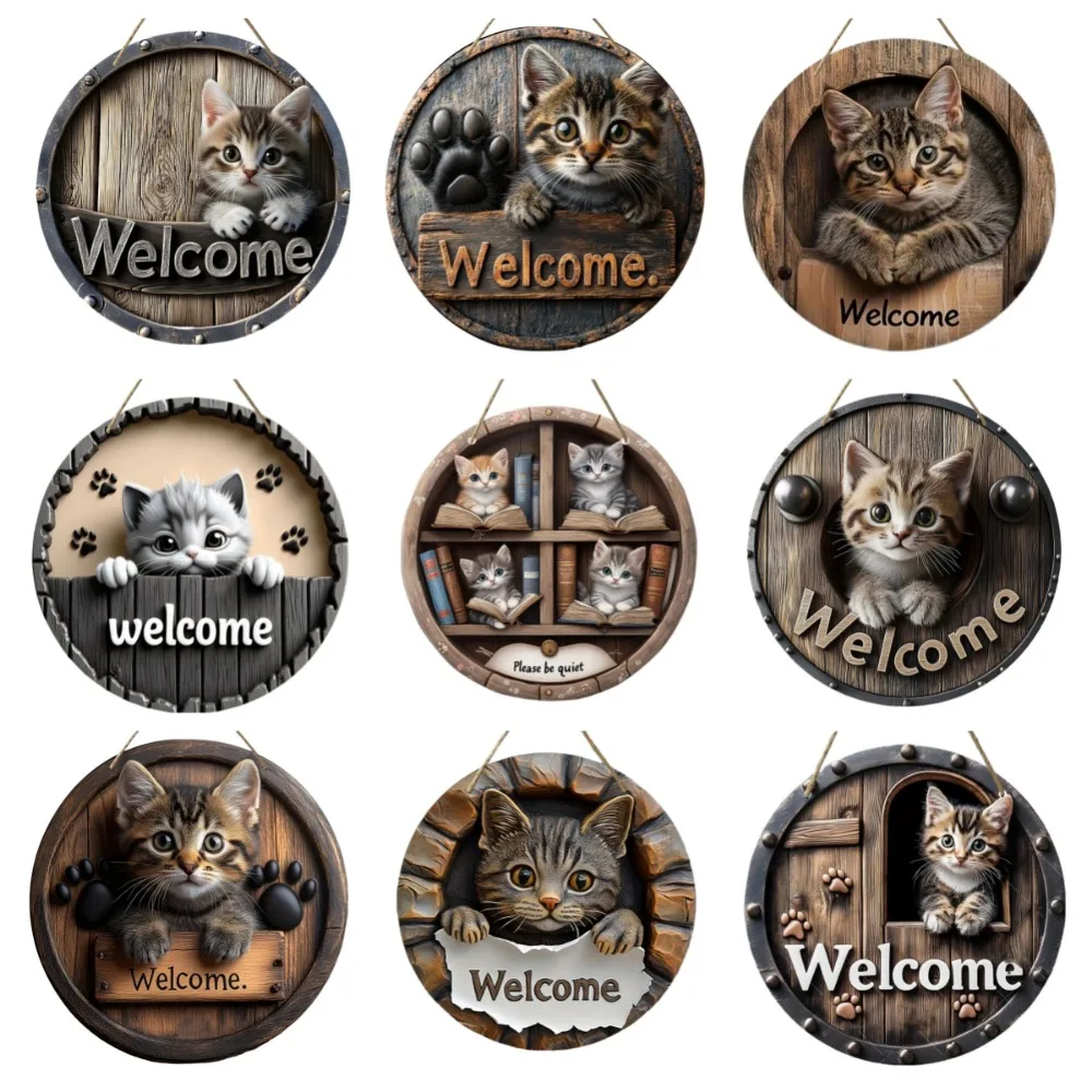 2D-Retro-Rundholz-Logo, Willkommensthema für Katzen, geeignet für Bar, Küche, Café, Zuhause, Büro, Weihnachtsgeschenke