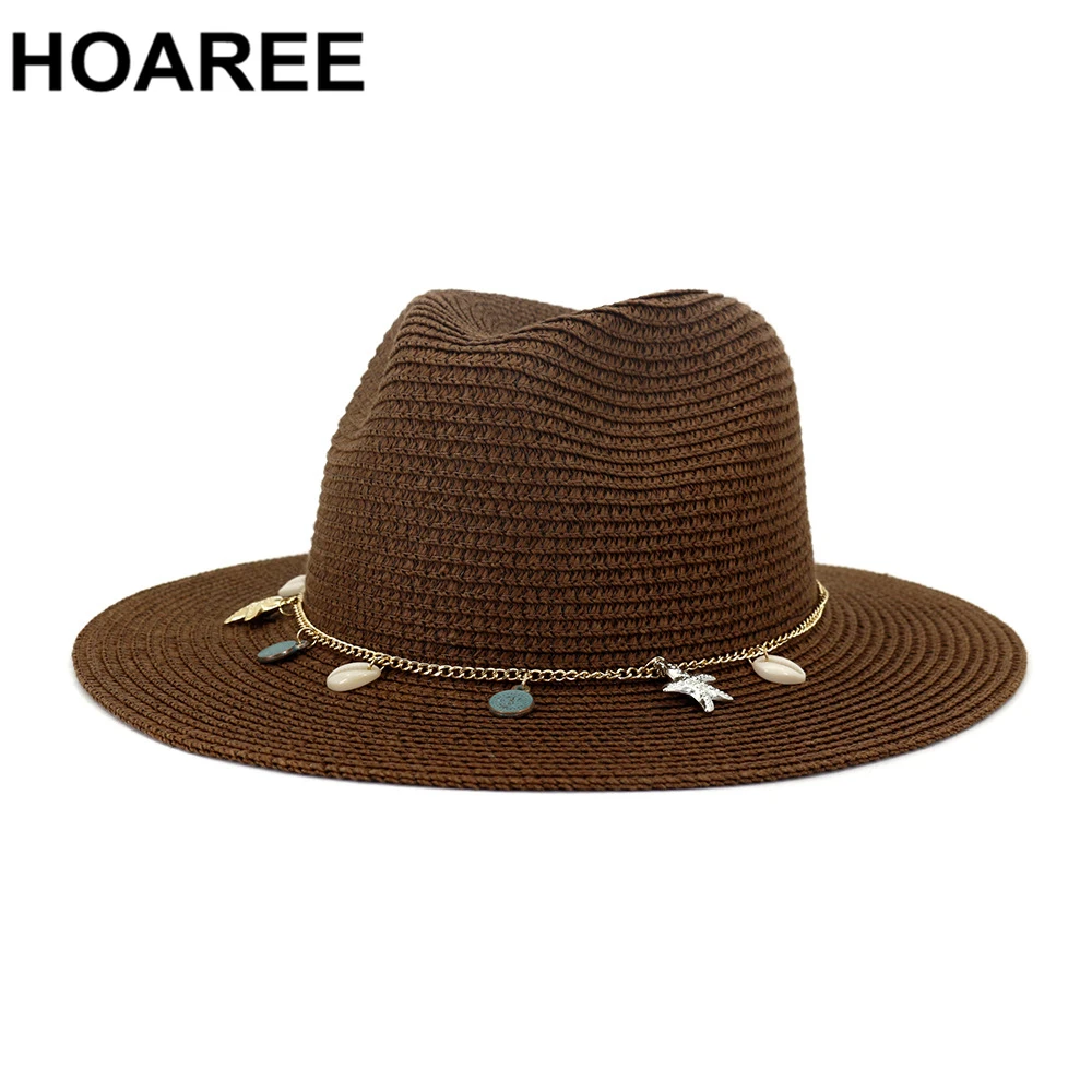 HOAREE White Panama Hat Women Summer Wide Brim Straw SunHat Ladies HatsTravel Beach British Style Brand New Female Fedora