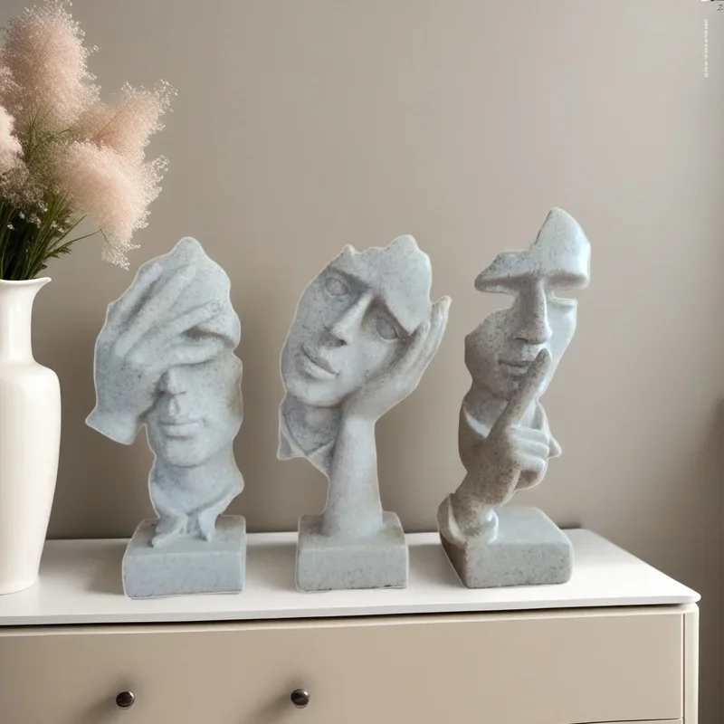 3pcs Thinker Statue Sculpture Silence Is Gold Figurines Resin Retro Home Decor  Office Study Living Room Abstract Face Ornaments