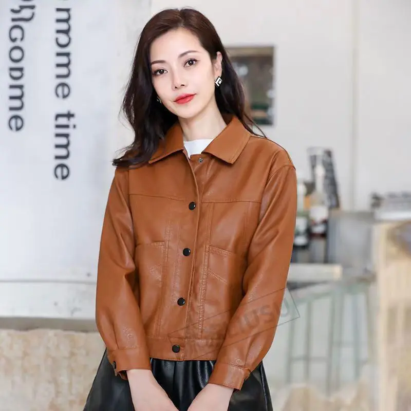 Women's 2026 Spring Autumn Faux Leather Jacket Cropped Lapel Collar Chic Streetwear Trendy Coquette Moto Biker Outerwear Top