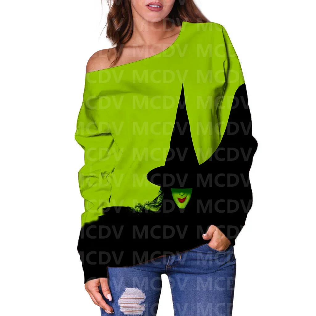 Women's Off Shoulder Sweater Halloween Witch 3D Printed Women Casual Long Sleeve Sweater Pullover