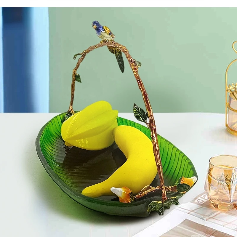 European luxury enamel color fruit basket American household glass snack tray glazed banana leaf decoration