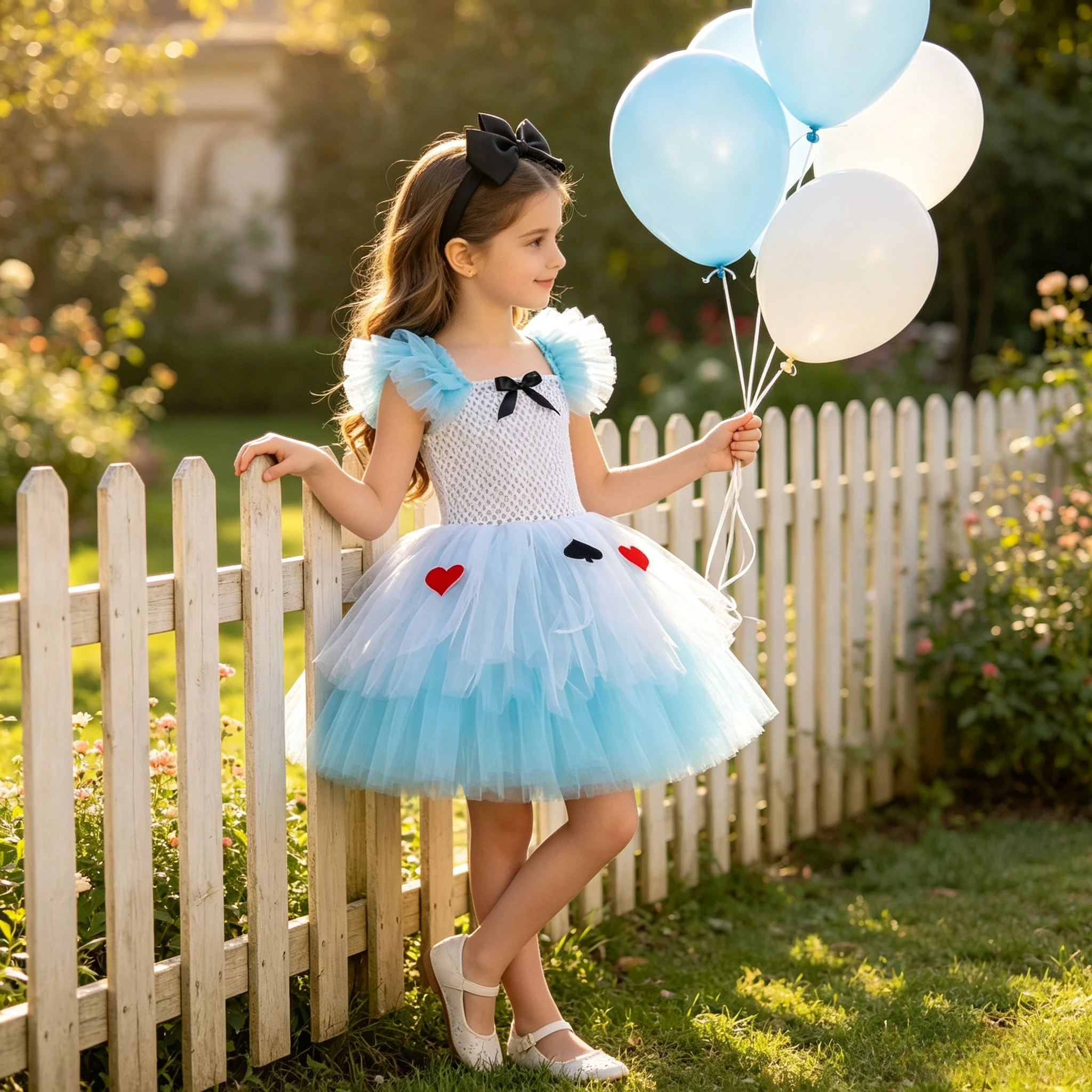 New Halloween Cosplay Costume Ruffle Shoulder Tulle Dress Poker Heart Spade Decor, Large Black Bow Headband for Festival Event