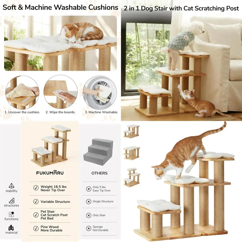 

Ступеньки для домашних животных из цельного дерева с когтеточкой, 20 трансформируемых рампах для собак и кошек, вмещает до 200 фунтов, несколько конфигураций