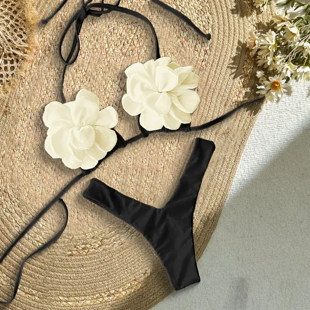 2Pcs/Set Women 2-piece Bathing Suit Bikini Set Drawstring Lace-Up Halter 3D Flower Bra Low-rise Swimming Briefs Set Swimwear