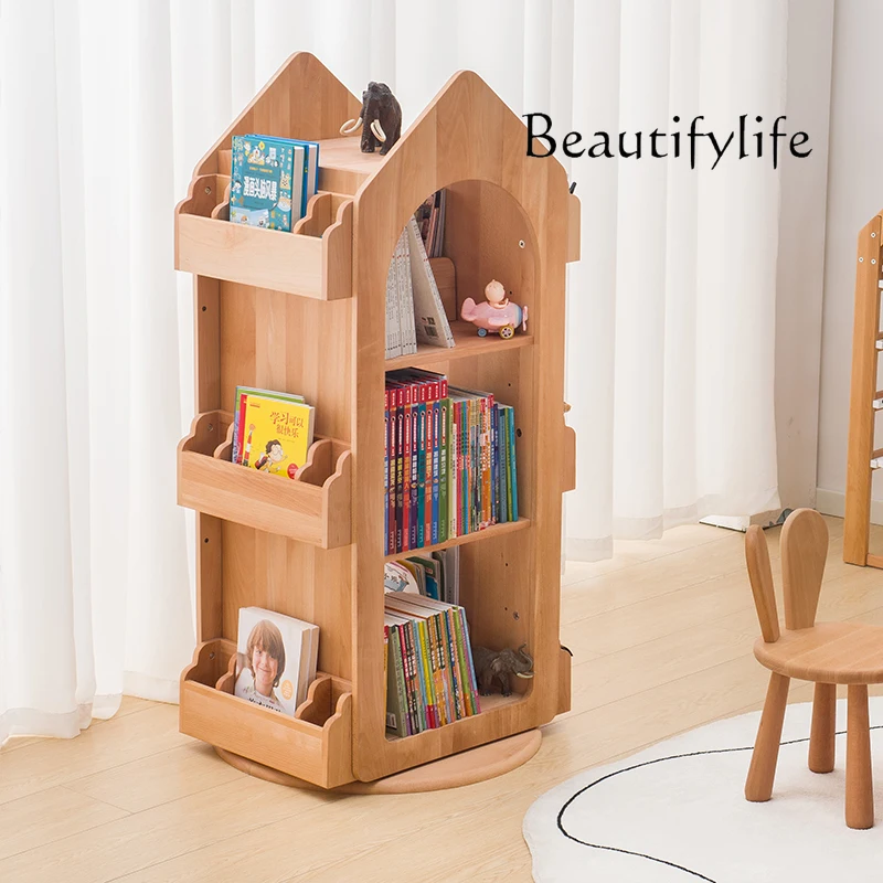 Rotating Bookshelf 360-Degree Bookcase Movable Solid Wood Floor Picture Book Shelf