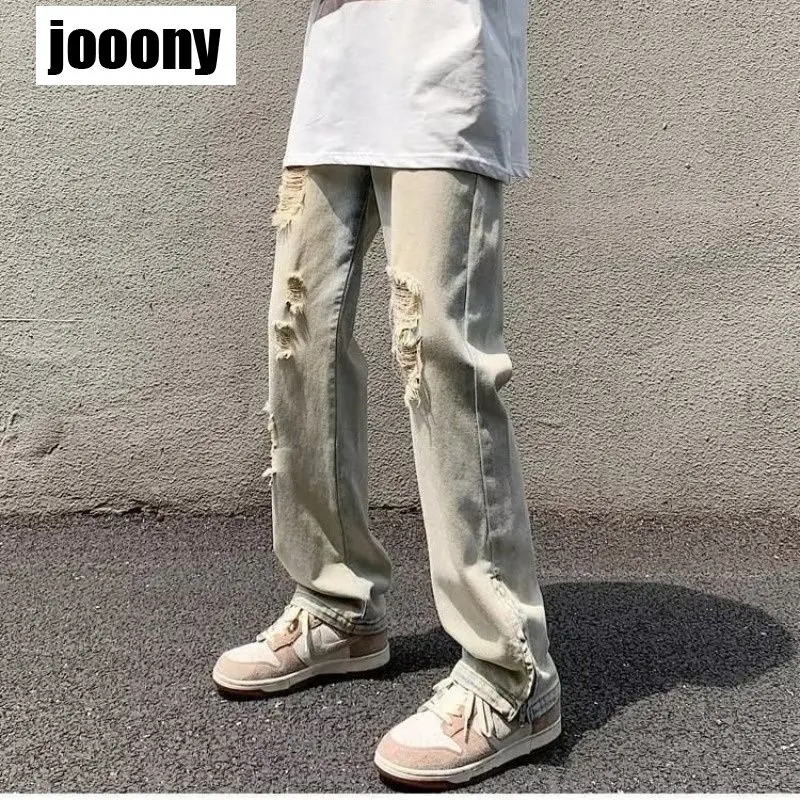 Wash Long Pants Straight Legs Wide Legs Trendy Street Men's Jeans Spring Autumn Fashion Zipper Personality Y2K Design Aesthetics