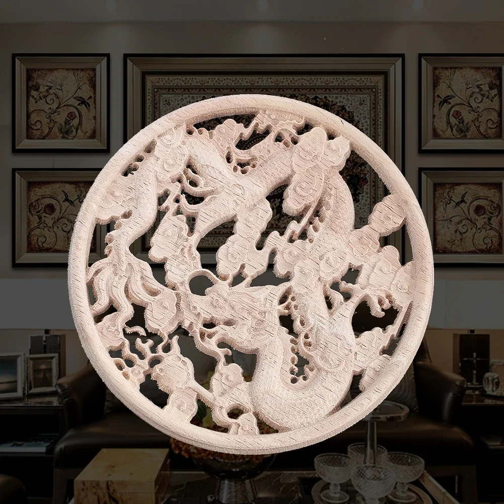 Hot - Sale Retro - Style Unpainted Chinese Dragon Oval Wood Appliques for Home Furniture and Wall Decoration Made of Rubber Wood