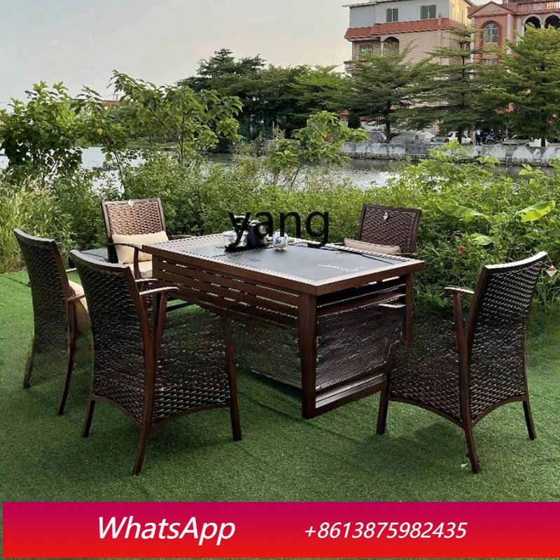 MMM  Outdoor Tea Table and Chair Set for Villa Courtyard New Chinese Style Kung Fu Tea Table Cast Aluminum Rattan Single Chair