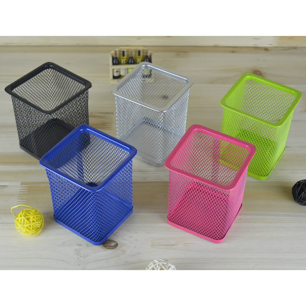2Pcs Premium Metal Pen Container Hollow Design Pencil Organizer Square Mesh Desk Holder for Adults Home Office Decoration