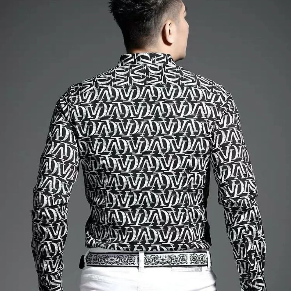 Trendy Light Luxury Slim-fit Men's Long-sleeved Shirt, Black Digital Printing Casual Buttons Shirt Mens Fashion Clothing Trends