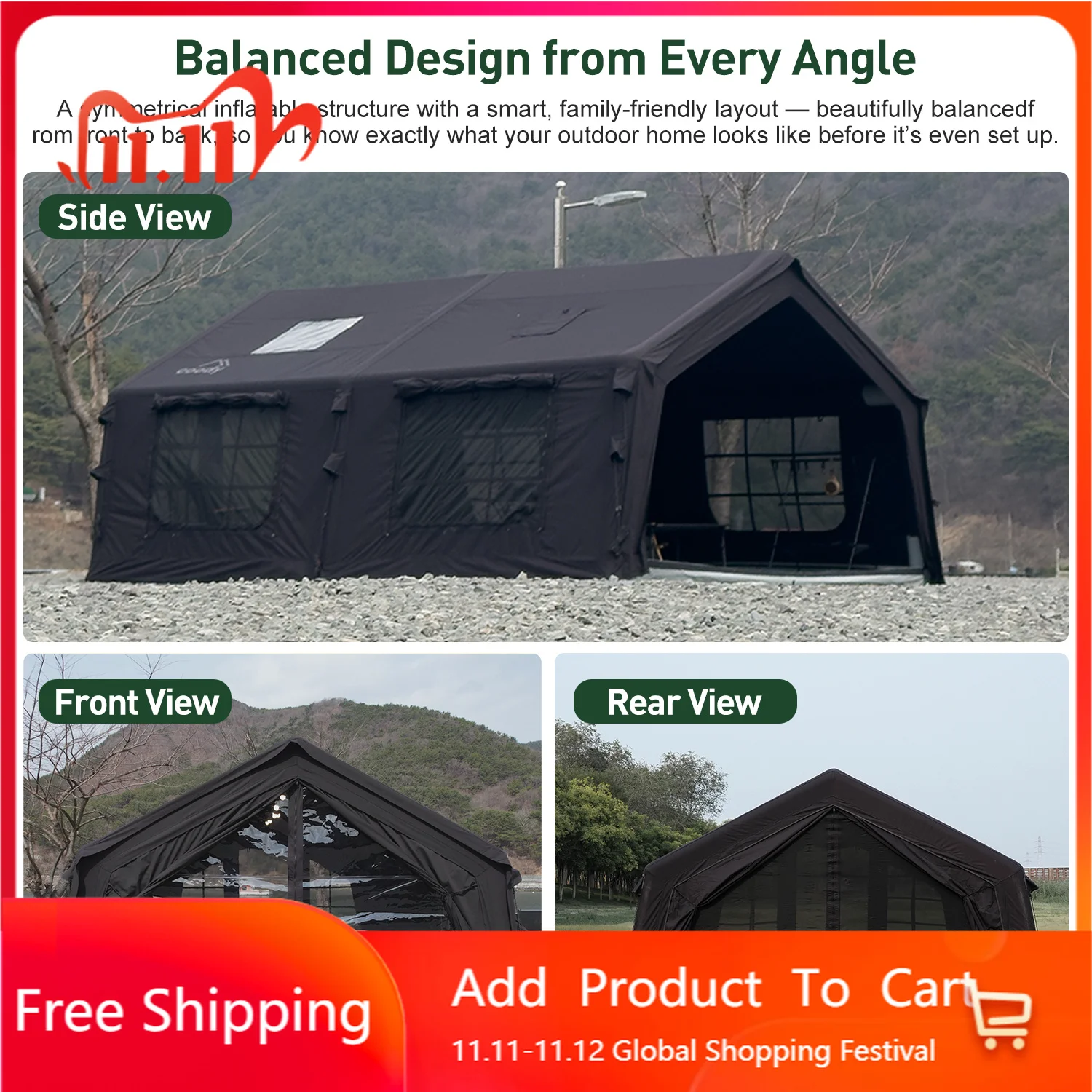 Coody 13.6 Black Inflatable Tent 4-8 Person Portable Waterproof Family Outdoor Camping Air Tent