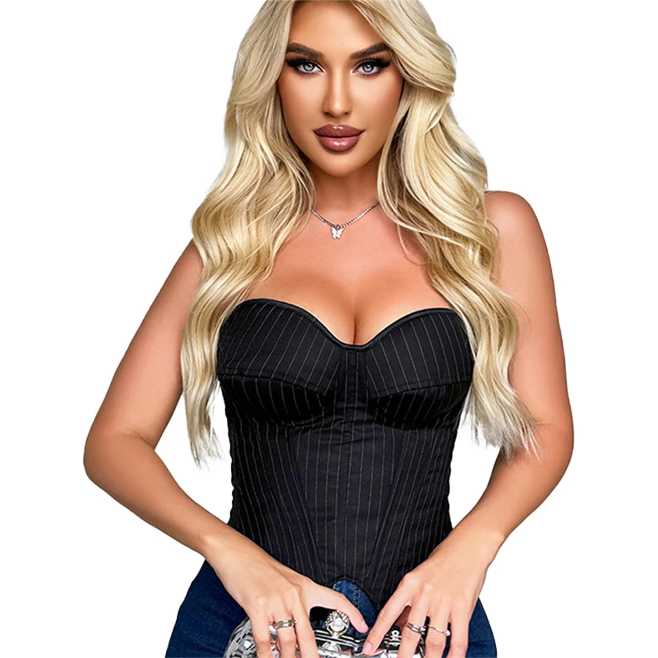 Becirzet Damen Overbust-Korsett mit Reißverschluss, gestreift, Schnür-Bustier, Taillenformer, Bauchkontrolle, Shapewear, Oberteil für Bürodamen – Detail 4