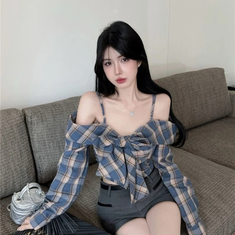 

Французская элегантная рубашка в клетку для женщин, с длинным рукавом, бантом, на одно плечо, с открытыми плечами, осенний топ