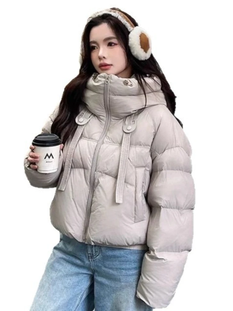 Elegante korte donsjas met capuchon, dame 2025, winterjas, Koreaanse mode, dikke warme parka's, casual losse effen witte uitloperkleding