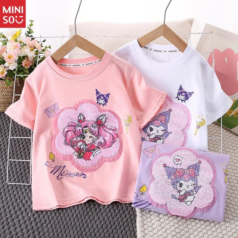 

Miniso Kids Clothing 2025 New Girls Short Sleeve Children Cotton Loose Glitter Color Change Clothes T-Shirt Top Casual