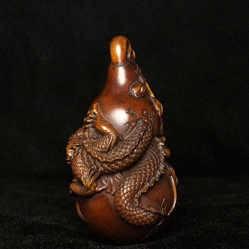 Height 3.2 inch Old Chinese boxwood Hand carved dragon loong Lagenaria gourd family Fengshui pendan decoration Gift