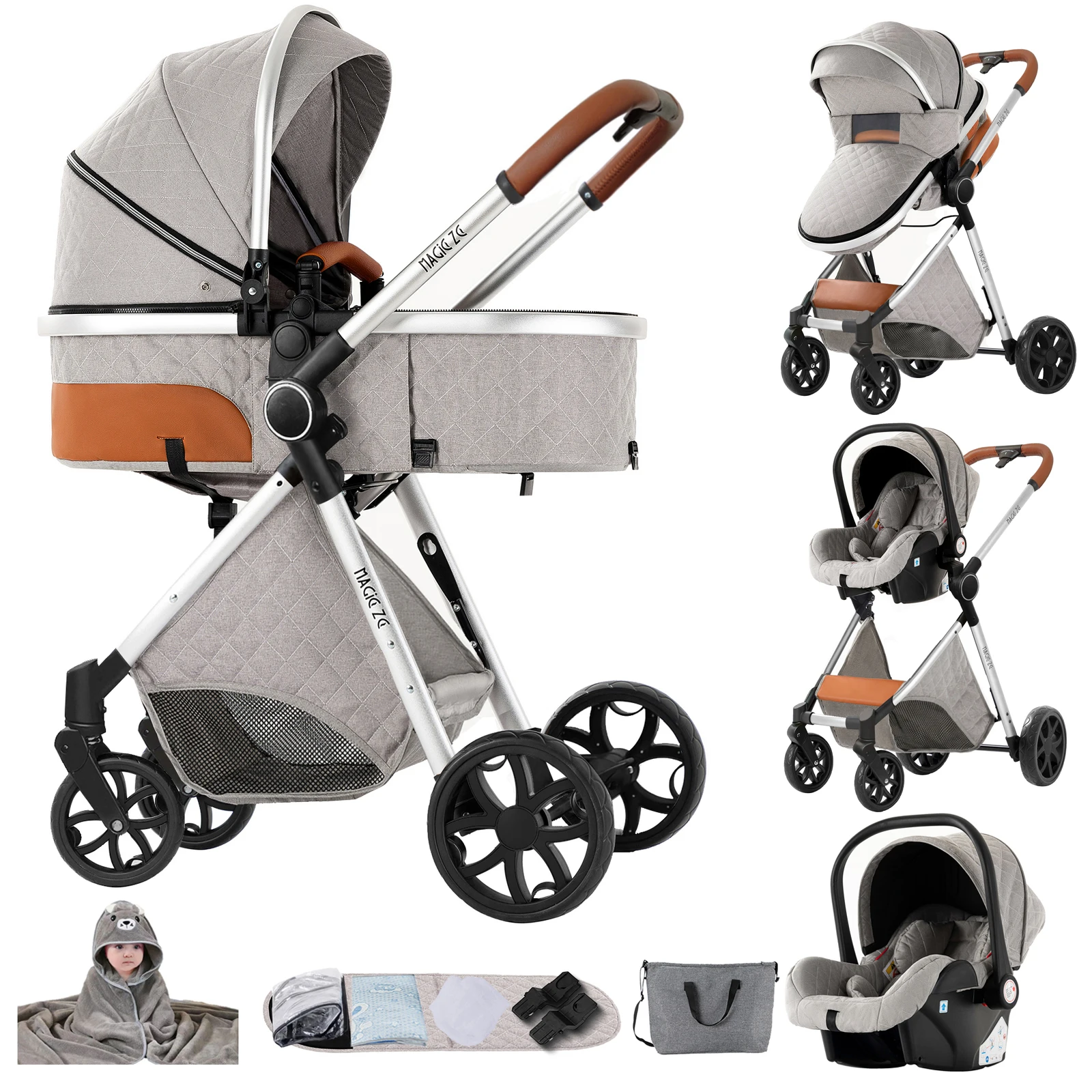 Leichter 3-in-1 Kinderwagen mit Autositz, faltbar, für Neugeborene, Reisesystem für Flugreisen und lange Fahrten, mit Aufbewahrungskorb, Babybuggy, Hochlandschafts-Kinderwagen