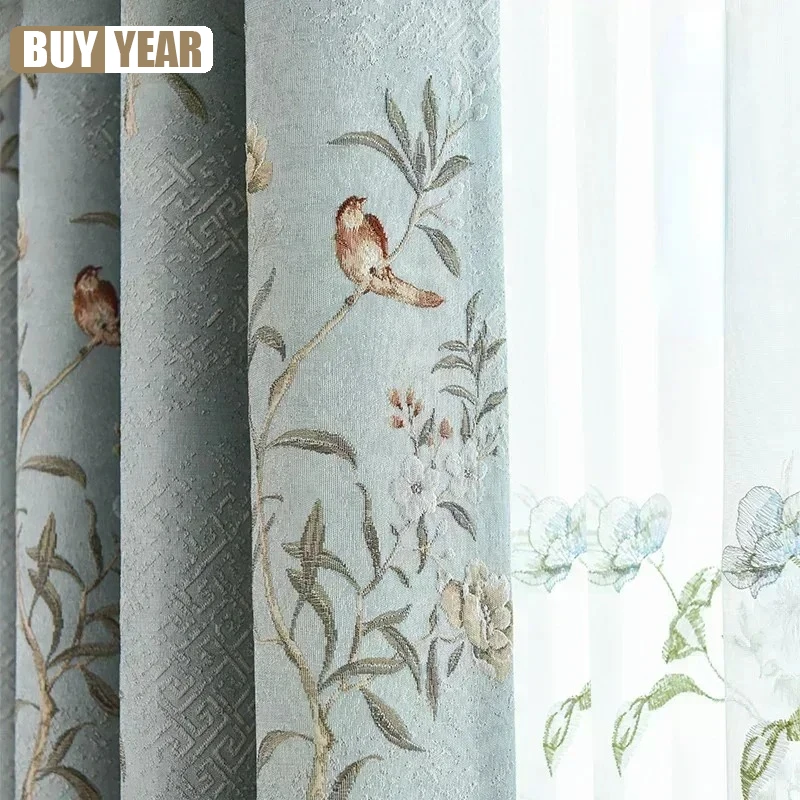 

New Chinese Style Flower and Bird Jacquard Blackout Curtains for Living Room and Bedroom Window Screen Customization