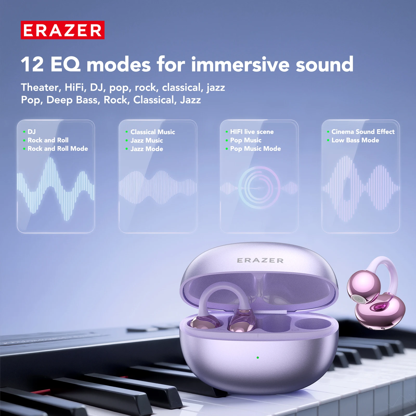 

AI Translation Wireless Earphones ERAZER Ear-clip Earbuds with Charging Case Headphones Built-in Dual Mic For Music Sprot