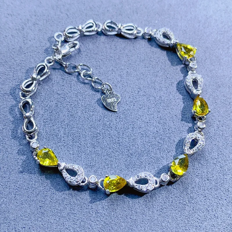 

Natural Yellow Sapphire Tennis Bracelet 4x6mm Pear Cut 925 Silver White Gold Plated Bow & Halo CZ Accent Adjustable Bracelet