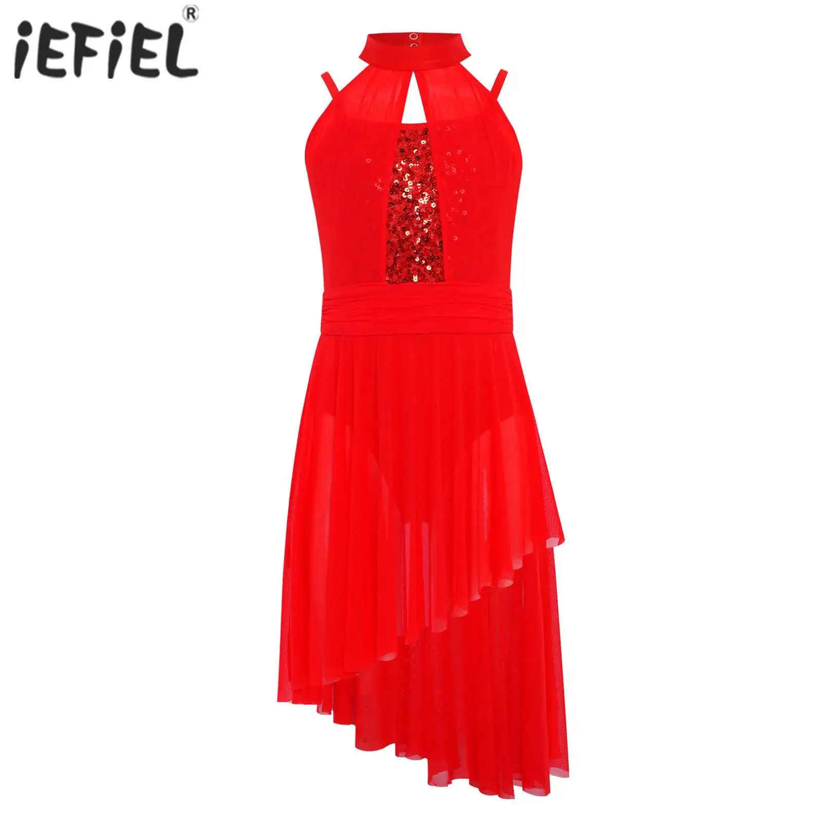 

Kids Girls Lyrical Dance Dress Ballet Gymnastics Performance Costume Sleeveless Sequins Bodice Asymmetrical Sheer Mesh Dress