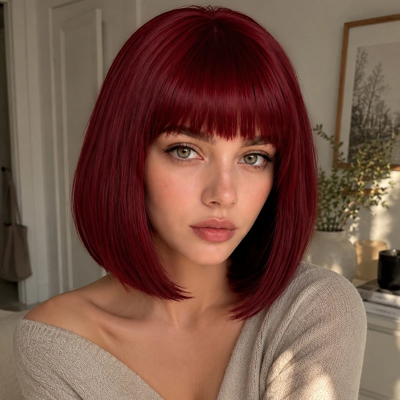 Burgundy bob wig, 12 inches, neat bangs, smooth straight ends, women's synthetic short hair everyday styling wig.
