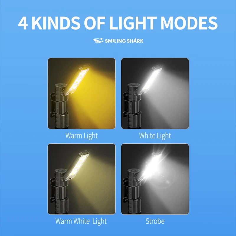 Smiling Shark COB Flashlight Super Bright Magnetic Work Light 180° Flip Foldable Headlight 4Modes Type-C Rechargeable GZ5108