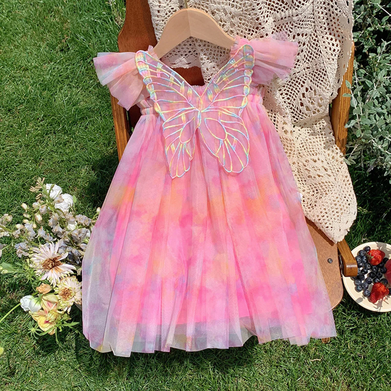 2024 New Summer Baby Girls Mesh Tulle Casual Dress with Ribbon Bow Butterfly Wings Mid-Calf Length Flare Sleeves Sling Dresses