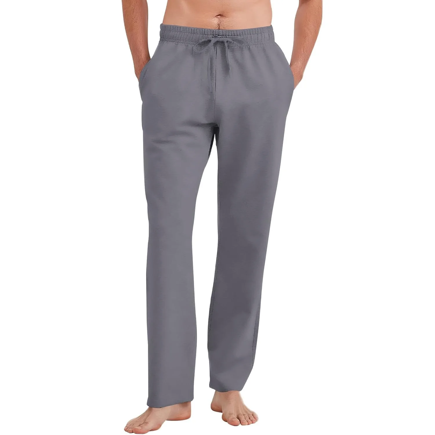 Men's Cotton Linen Straight Leg Pants Lightweight Breathable Casual Solid Color Simple Style Long Pants Elastic Waist Trousers