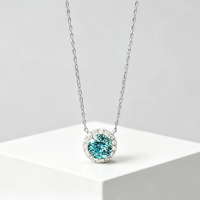 MINWEEN 1ct Lab Paraiba Necklace With 925 Sterling Silver For Women Round Classic Versatile Jewelry