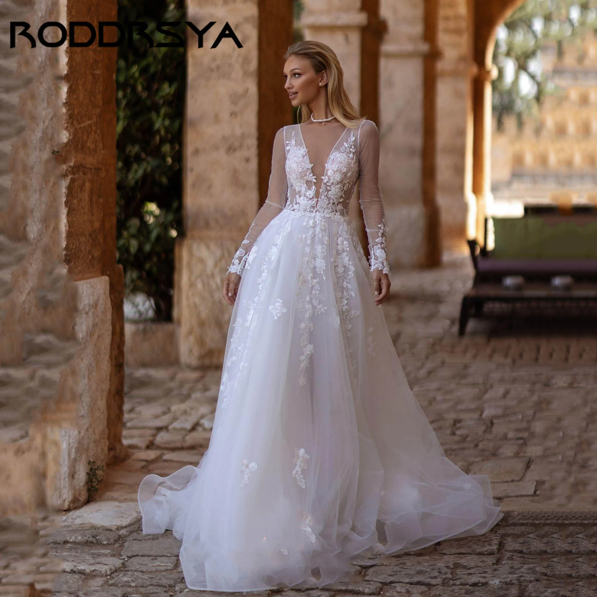 JEHETH Sexy Illusion A-line Abito da sposa Maniche lunghe Scollo a V Tulle Appliques Abiti da sposa Backless abiti da sposa Personalizzato