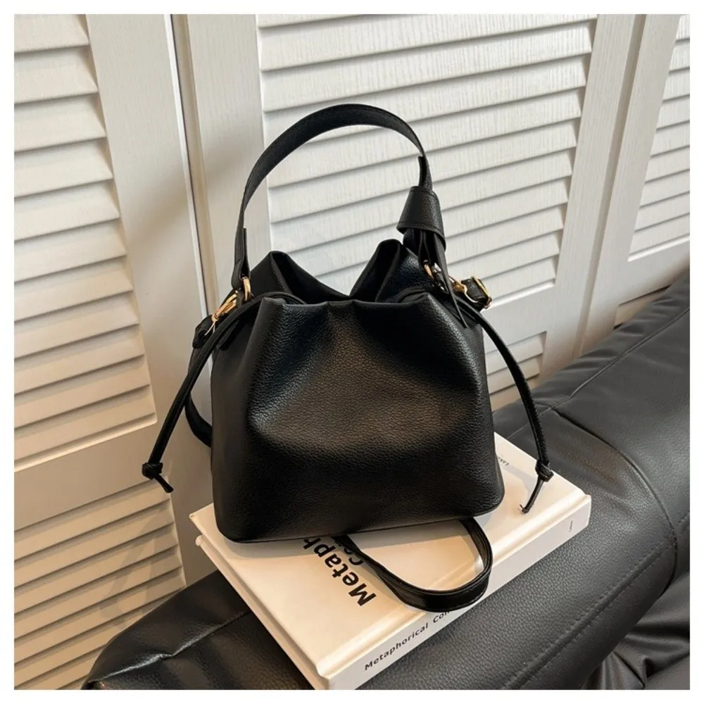 New Top Handle Drawstring Bucket Bag Removable Strap Solid Color Shoulder Bag Multi-Way Leather Handbag For Women