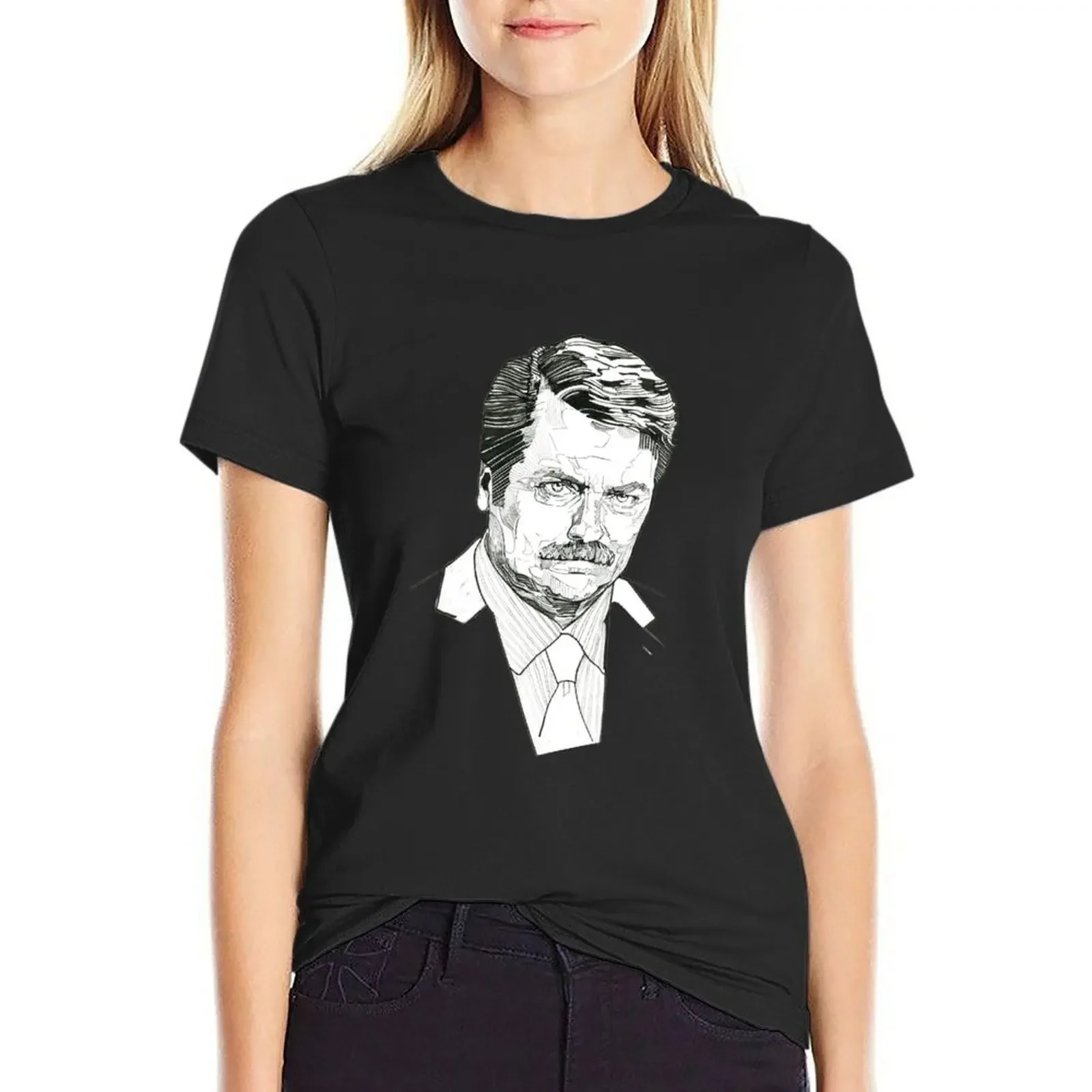 

Ron Swanson - From Original Line Drawing T-Shirt lady clothes hippie clothes cute tops blanks oversized workout shirts for Women