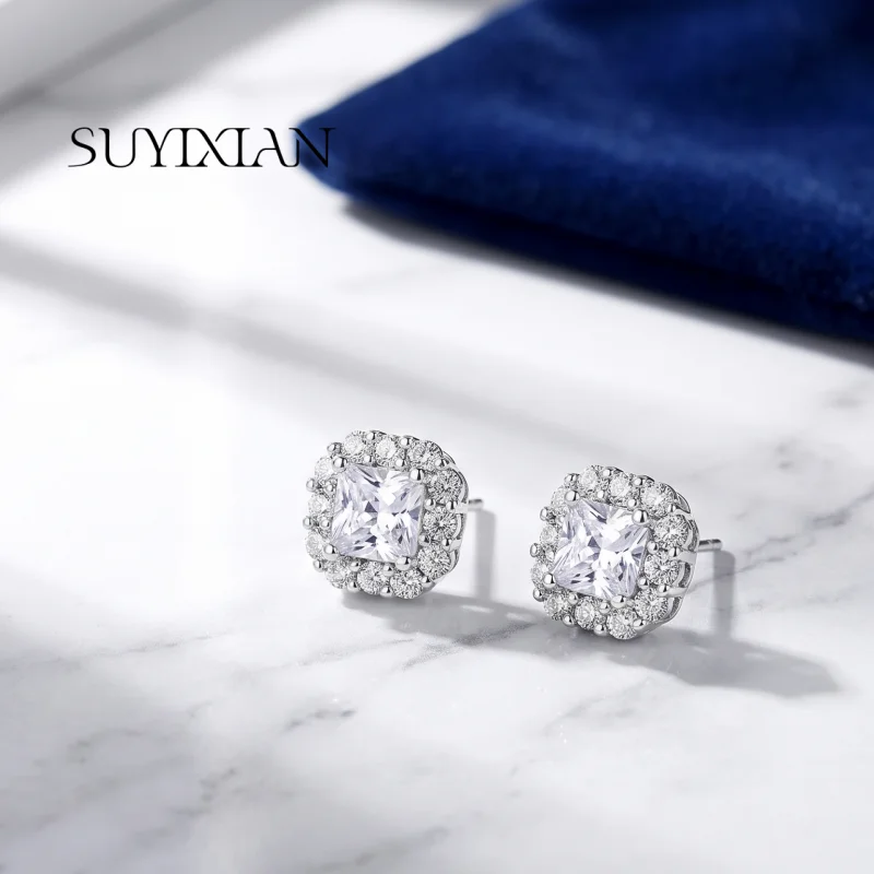 925 Sterling Silver Fashion Temperament Blue and White Square Zircon Earrings Birthday Party Anniversary Gift