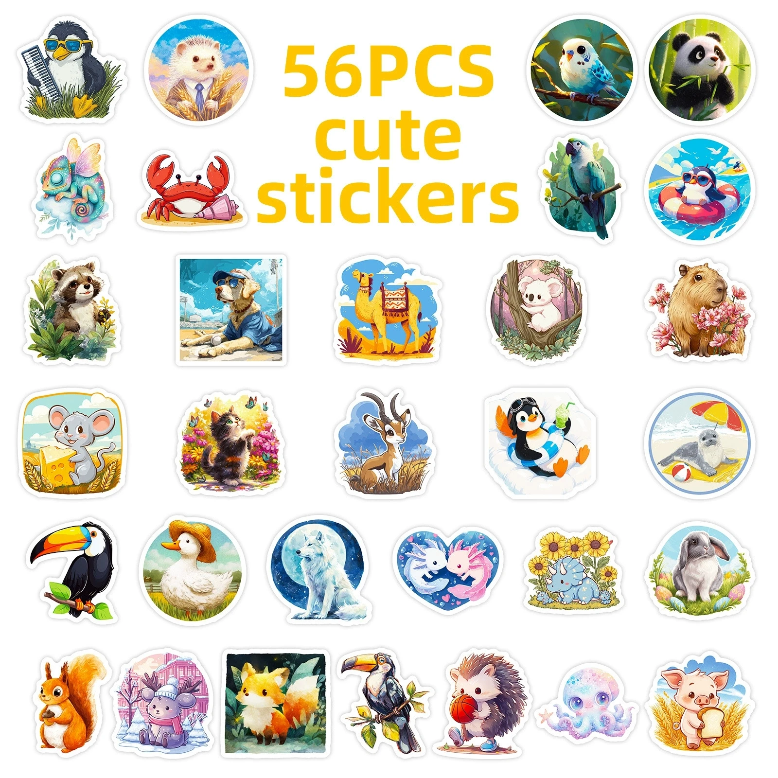 56PCS Cute Cartoon Animal World Hedgehog Mouse Fox Stickers & Fairy Tale Forest Animal Decoration Waterproof Stationary Stickers