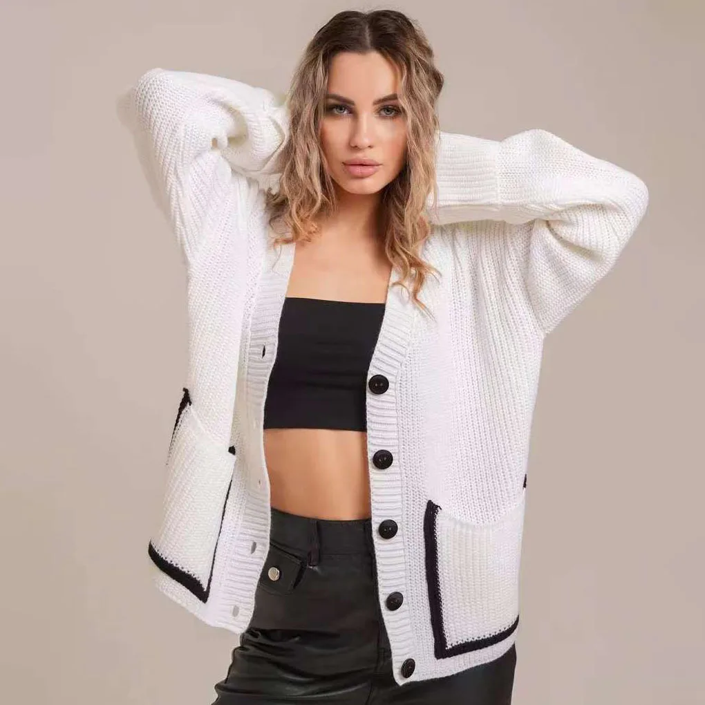 

Женский вязаный кардиган, повседневные джемперы, цветные лоскутные карманы с v-образным вырезом и длинными рукавами, однобортные, легкая эластичная, осень 2023 г.