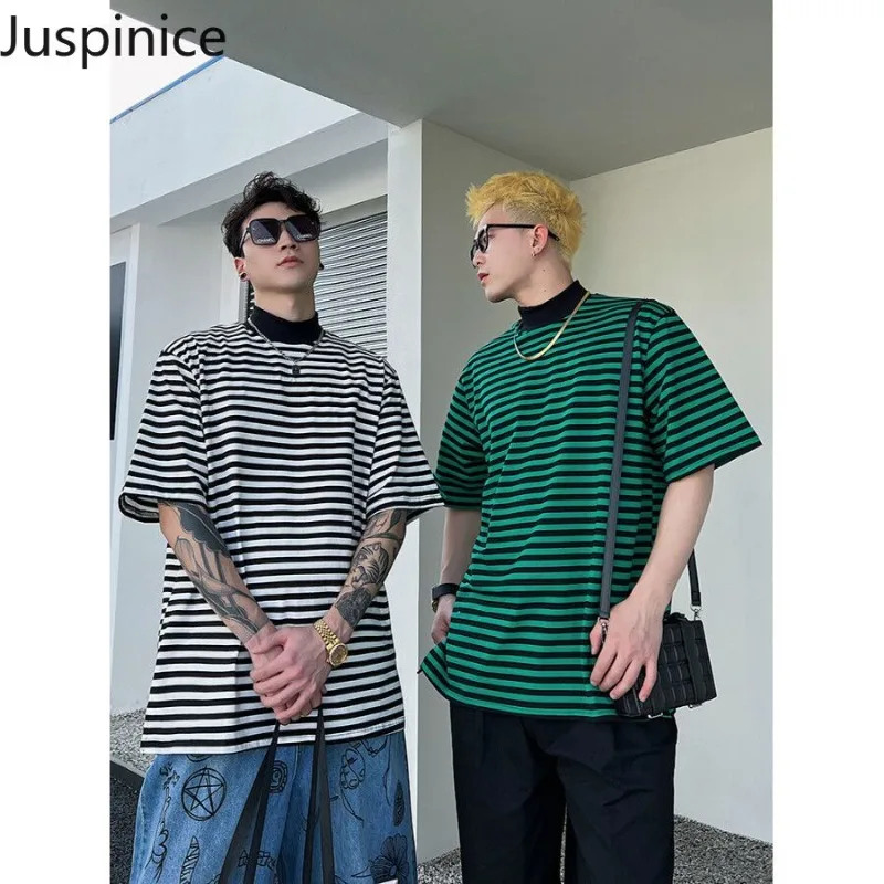 

Juspinice Summer Semi High Neck Striped Short Sleeved T-shirt for Men Versatile Stand Up Collar Top American Style Base Shirt