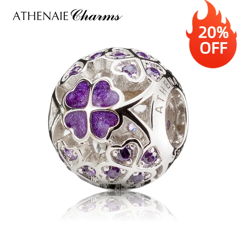 

ATHENAIE 925 Sterling Silver Enamel Lucky Shamrock Best Wishes to You Charm Beads Fit European Bracelets Necklace Color Purple