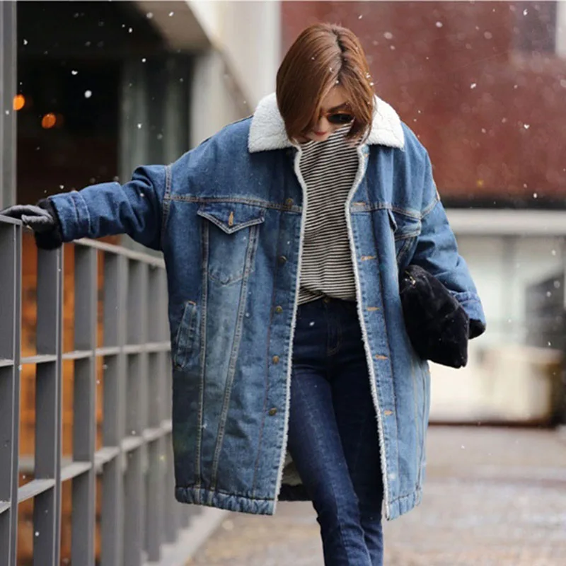 2024 Female jacket Women Warm Thick Winter Long Sleeve Denim Jacket Long Jean Coat Outerwear Women jacket Overcoat