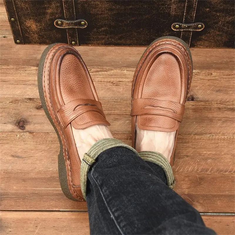 EAGSITY Grade A Cow Leather Retro Men's Loafer Shoes Slip On Work Shoes Street Style Business Casual Outdoor