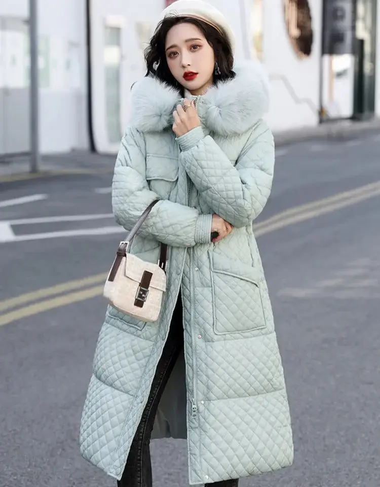 

Winter Ladies Warm Down Jacket With Down Hat Long White Duck Down Cotton Jacket Check Pattern Ladies Casual Warm Down Jacket