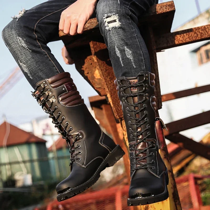 Bottes de moto à plateforme punk pour hommes, talons épais, mi-mollet, chaussures de rue décontractées, bottes de cow-boy noires, mode masculine