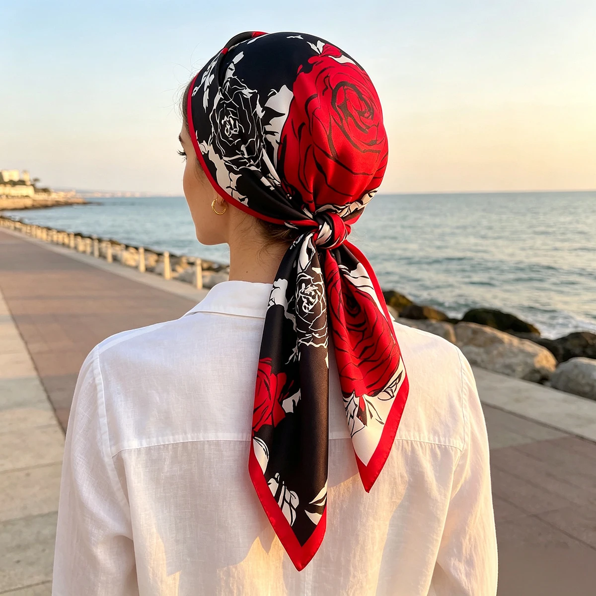 Luxury 90cm Twill Square Scarf For Women Floral Print Hair Band Hijab Foulard Sunsceen Neckerchief Shawl Wraps Echarpe