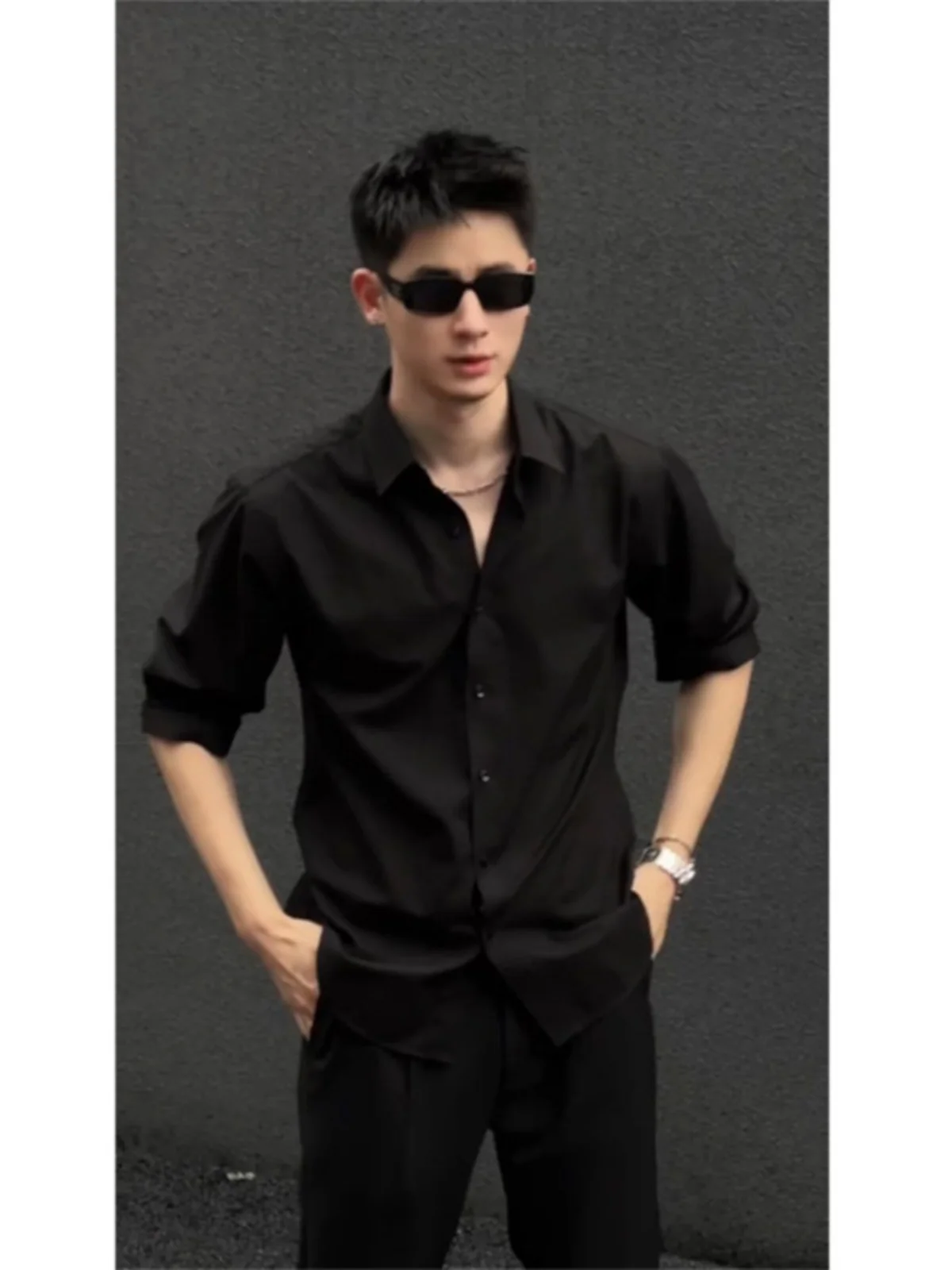 

Ele Mid-Sve Ice Silk irt for Men Bla Slim Fit Casual Sle Faionable Brand Naples Men's irt with Drape Effect