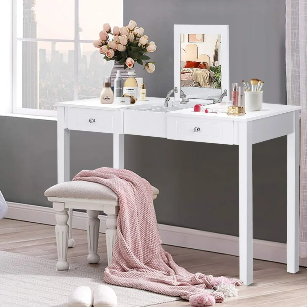 Vanity Table with Flip Top Mirror, Makeup Dressing Table Writing