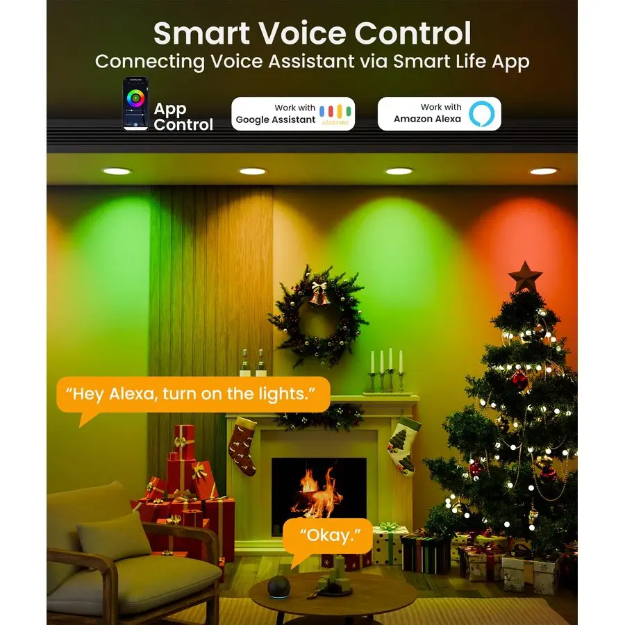 Éclairage 6 pouces avec commande vocale d'ampli app, plafonnier intelligent 1200LM RGBCW fonctionne avec Alexa amp Google, LED encastrée à intensité variable L