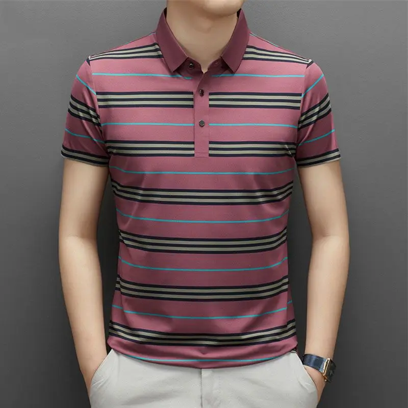 Summer Smart Casual Short Sleeved Polo Shirt Men\'s Lapel Button Print Casual Stripes Ice Silk Seamless Loose Versatile Thin Top