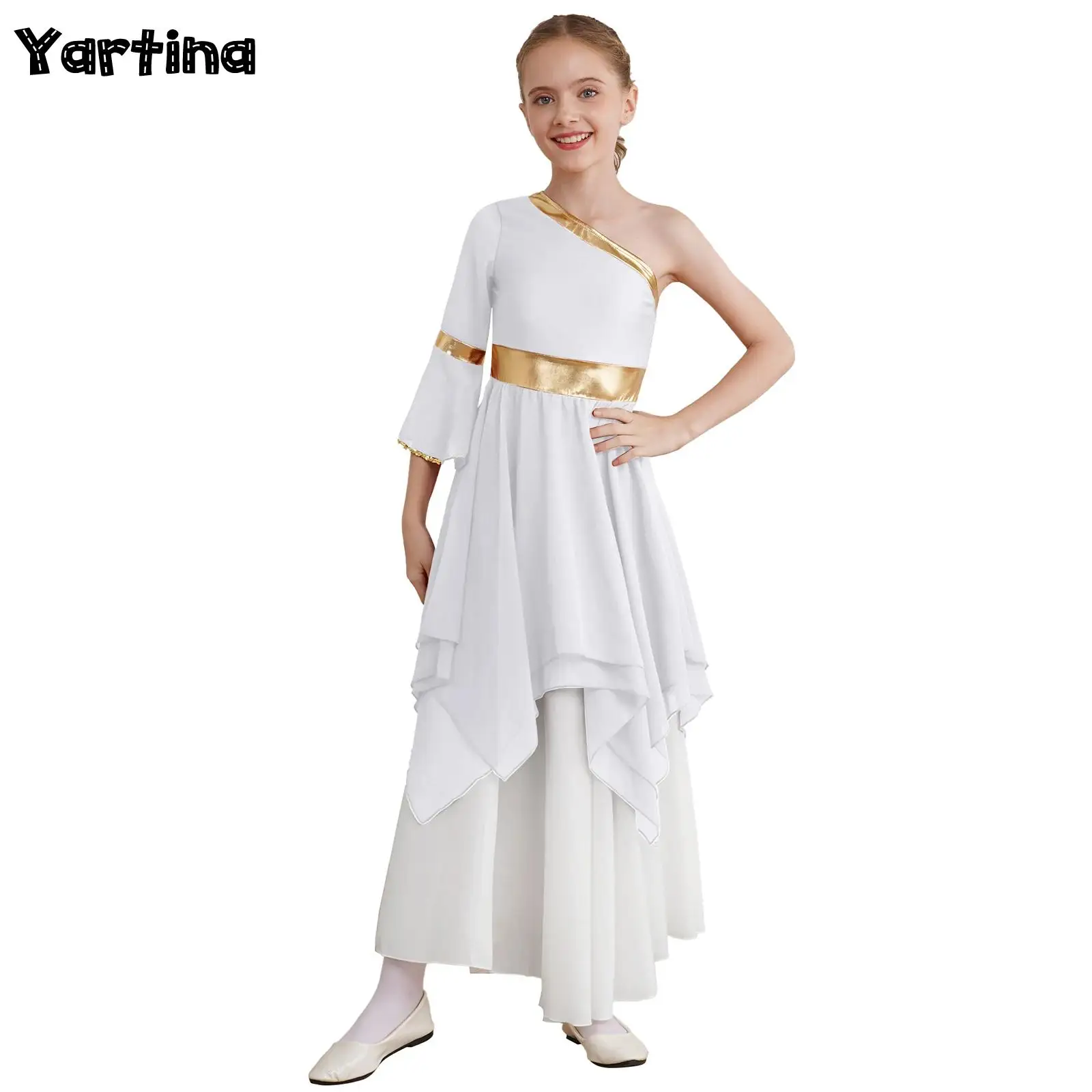 

Girls Liturgical Praise Ballet Lyrical Dance Dress Christian Worship Dance Costume Metallic Flare Sleeve Irregular Hem Dresses